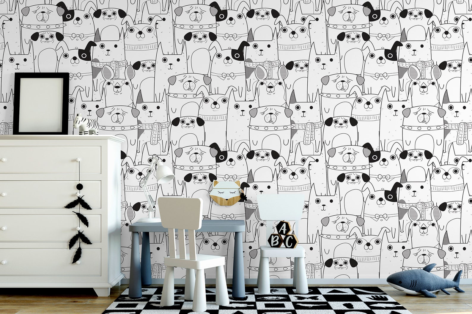 Black and White Wallpaper With Funny Dogs for Kids Self - Etsy