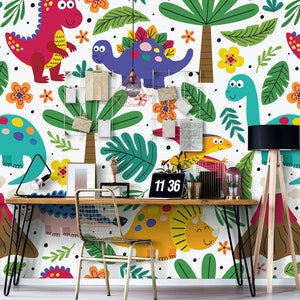 May include: A colorful wallpaper mural featuring dinosaurs, plants, and flowers. The mural is a white background with green, blue, yellow, red, and orange colors. The dinosaurs are cartoon-like and have friendly expressions. The mural is perfect for a child's room or playroom.