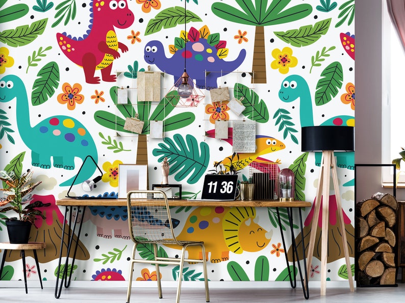 May include: A colorful wallpaper mural featuring dinosaurs, plants, and flowers. The mural is a white background with green, blue, yellow, red, and orange colors. The dinosaurs are cartoon-like and have friendly expressions. The mural is perfect for a child's room or playroom.
