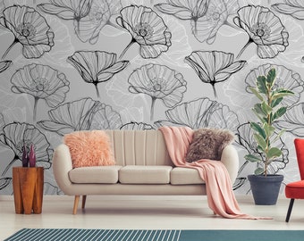 Silver wallpaper with black field flowers, self adhesive, peel and stick floral wall mural