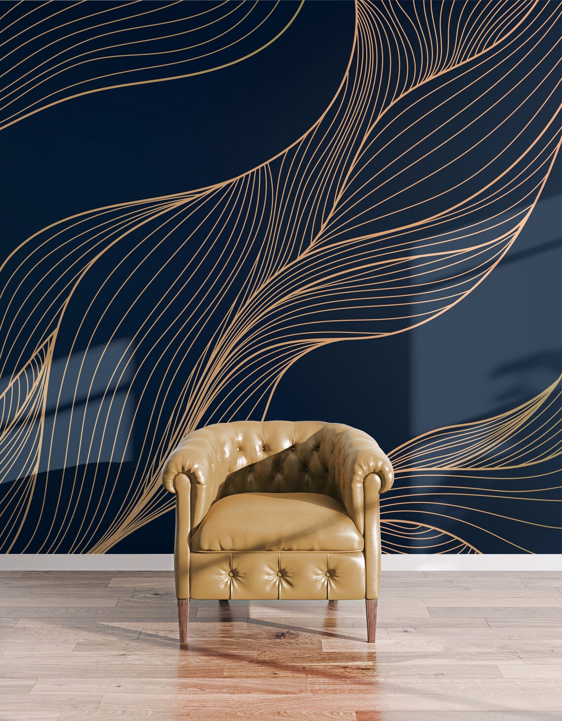 Dark Blue Art Deco Wallpaper With Abstract Yellow Wavy Pattern Etsy