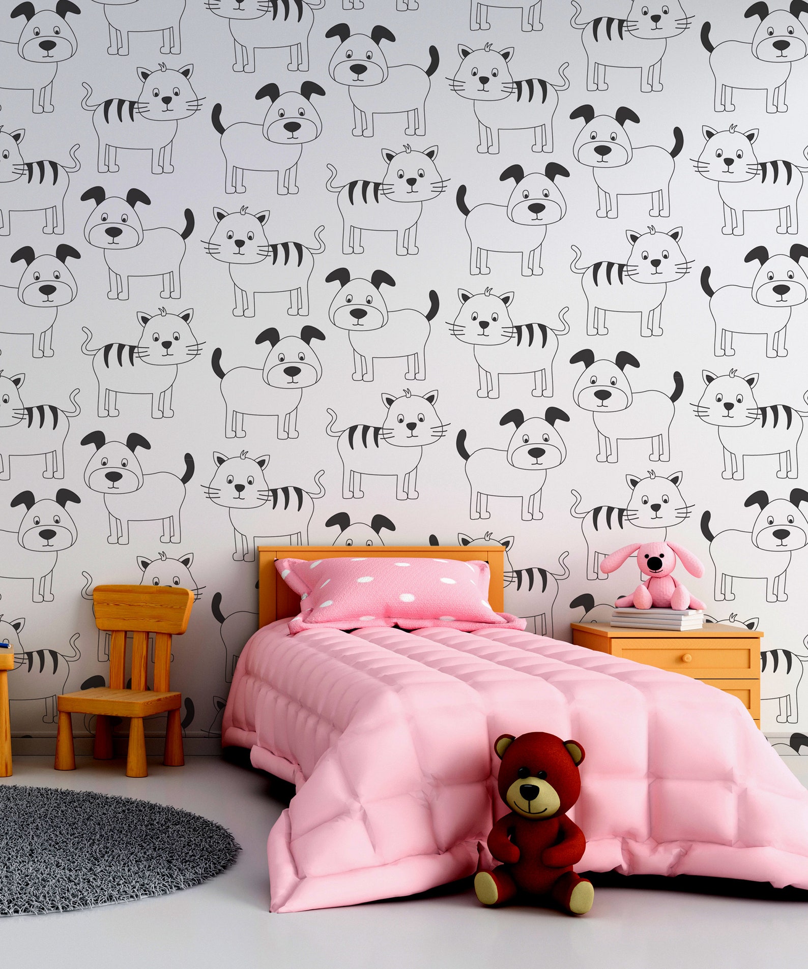 White and Black Wallpaper With Dog and Cat Pattern Wallpaper Etsy