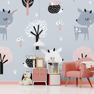 Blue wallpaper with cute deer and hedgehog || For Kids, self adhesive, peel and stick wall mural