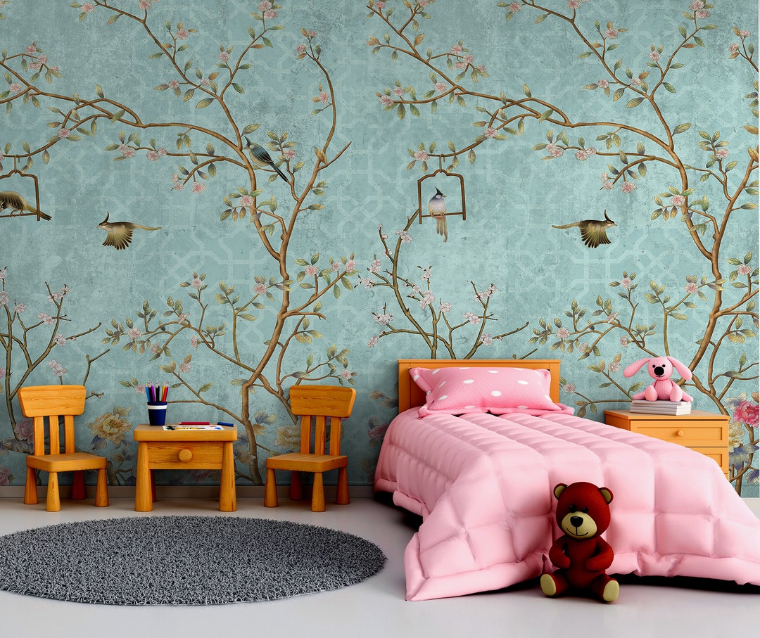 Blue Wallpaper With Birds, Trees and Blooming Flowers, Self Adhesive