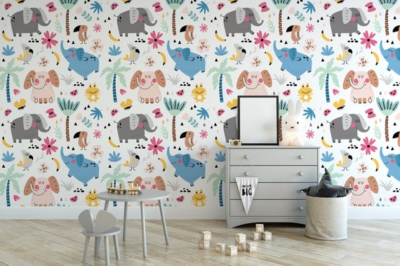 White wallpaper with colorful tropical animal pattern || For Kids, self adhesive, peel and stick wall mural