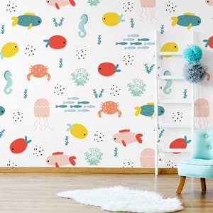 Cartoon sea life wallpaper || For Kids, self adhesive, peel and stick wall mural