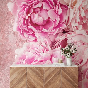 Pink Peony & Concrete Wallpaper, Floral Wall Mural • Peel and Stick *self adhesive* or Non-Pasted Vinyl Materials •
