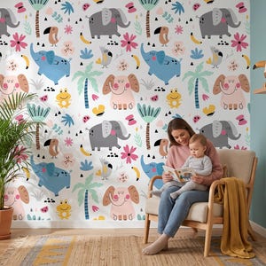 Papel pintado blanco con colorido estampado de animales tropicales, mural para habitación infantil, autoadhesivo o papel vinílico tradicional. imagen 3