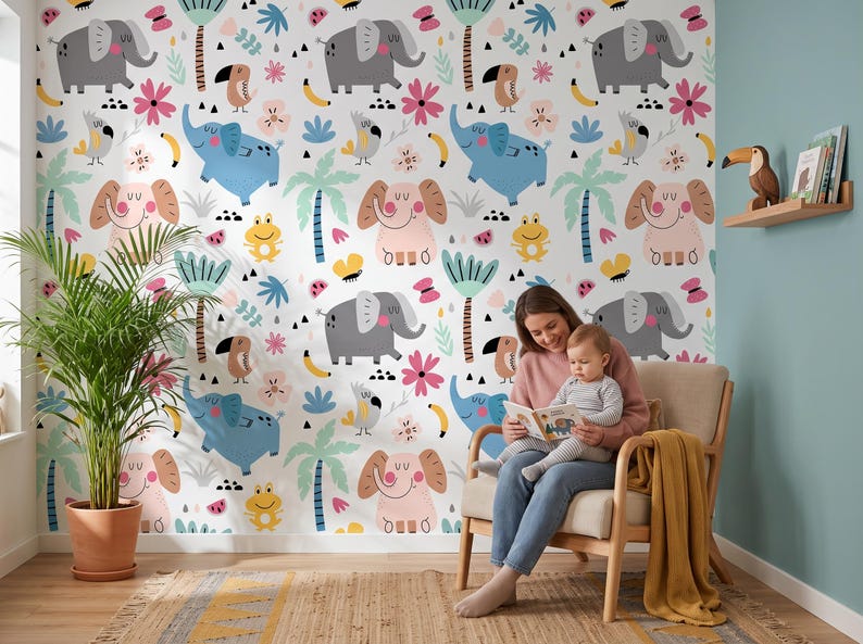 Papel pintado blanco con colorido estampado de animales tropicales, mural para habitación infantil, autoadhesivo o papel vinílico tradicional. imagen 3