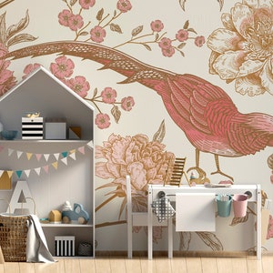  Papel pintado autoadhesivo de PVC, diseño de flores de peonía y  pájaros pintados a mano con diseño de flores de peonía y pájaros, despegar  y pegar, para pared, póster de pared