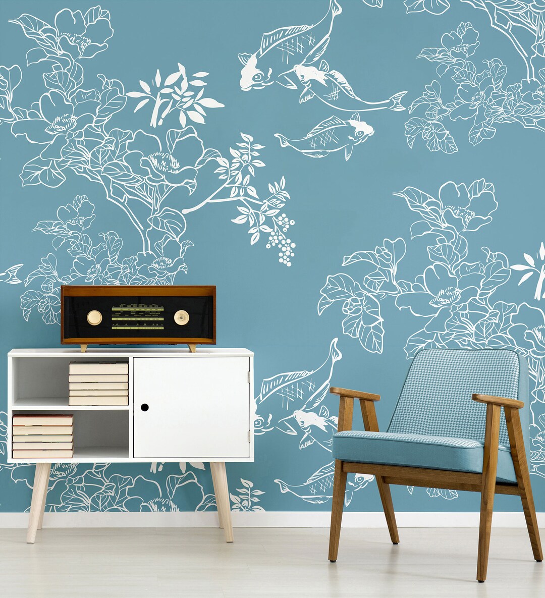 Koi Fish Blue Floral Wallpaper, Fish Pattern, Japanese Style Wall Mural