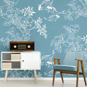 Blaue Blumentapete mit Koi-Fischen, Fischmuster, Wandgemälde im japanischen Stil • Abziehen und Aufkleben *selbstklebend* oder nicht geklebte Vinylmaterialien •