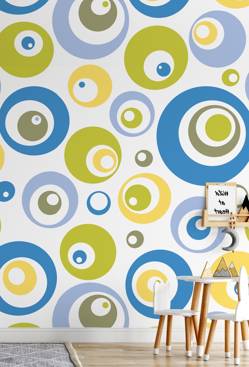 Wallpaper with green and blue circles self adhesive peel and stick wall mural For Kids
