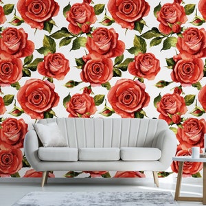 Watercolor wallpaper with beautiful red roses, self adhesive, peel and stick floral wall mural