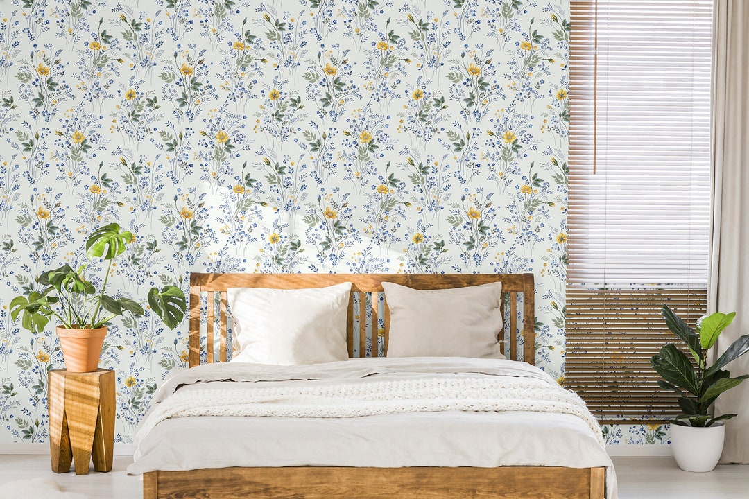 White Wallpaper With Blue and Yellow Field Flower Pattern, Self