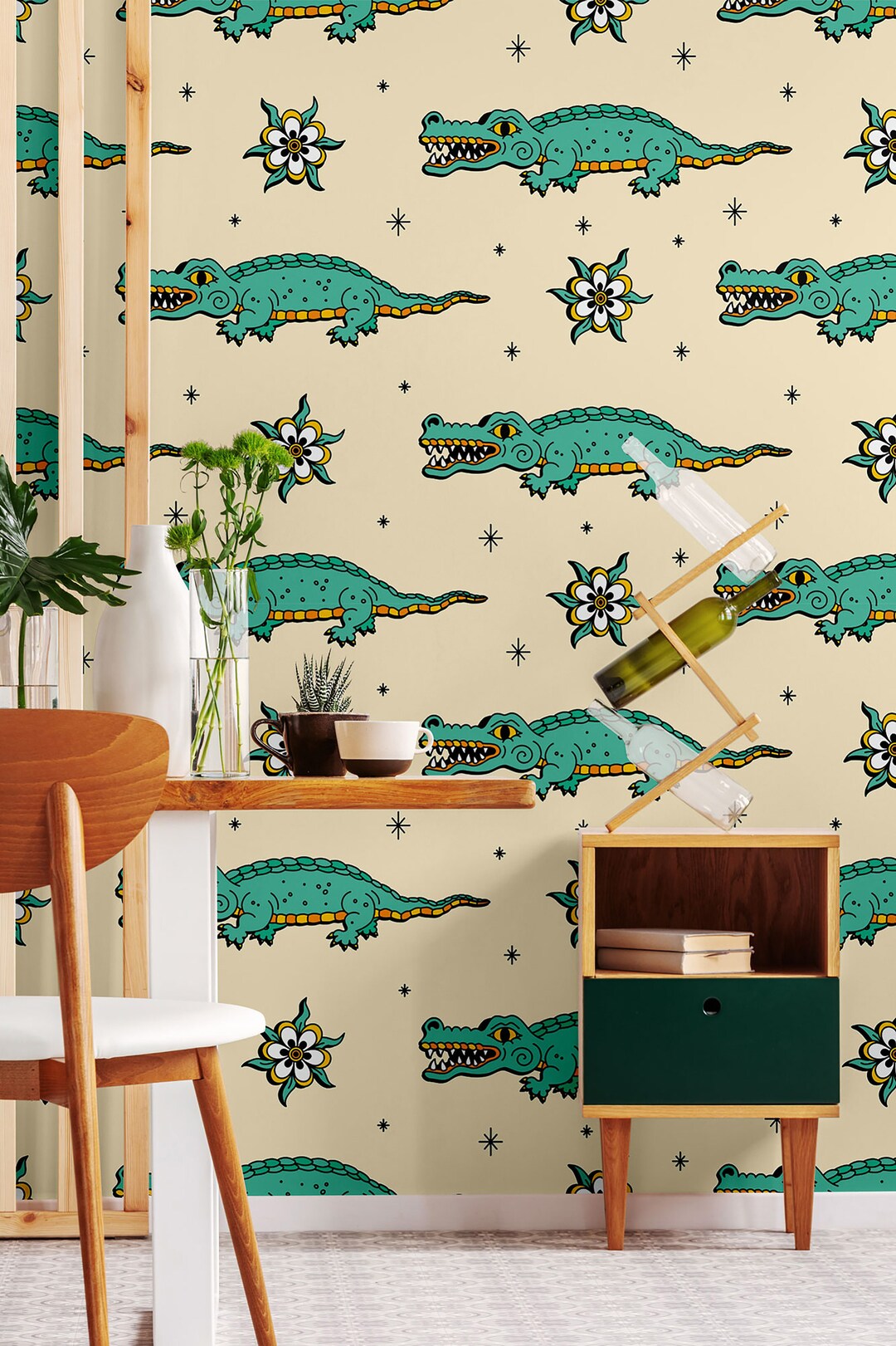 Green Crocodile Wallpaper, Cartoon Animal Mural Self Adhesive, Peel and