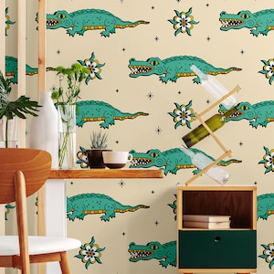 Green crocodile wallpaper, cartoon animal mural || self adhesive, peel and stick kids and nursery wall mural