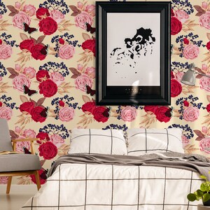 Wallpaper with pink and red roses & butterflies, self adhesive, peel and stick wall mural