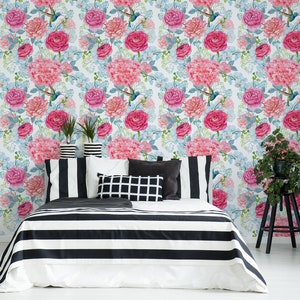 Wallpaper with watercolor peonies, blue flowers and humming birds, self adhesive, peel and stick floral wall mural