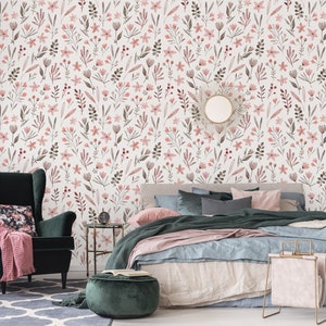 Watercolor red and brown small floral pattern wallpaper || self adhesive, peel and stick wall mural