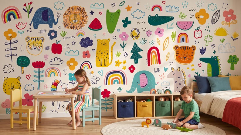 Scandinavian Baby Room Wallpaper, Animals & Rainbows, Nursery Wall Mural, Kids Art • Peel and Stick *self adhesive* or Traditional Vinyl • image 1
