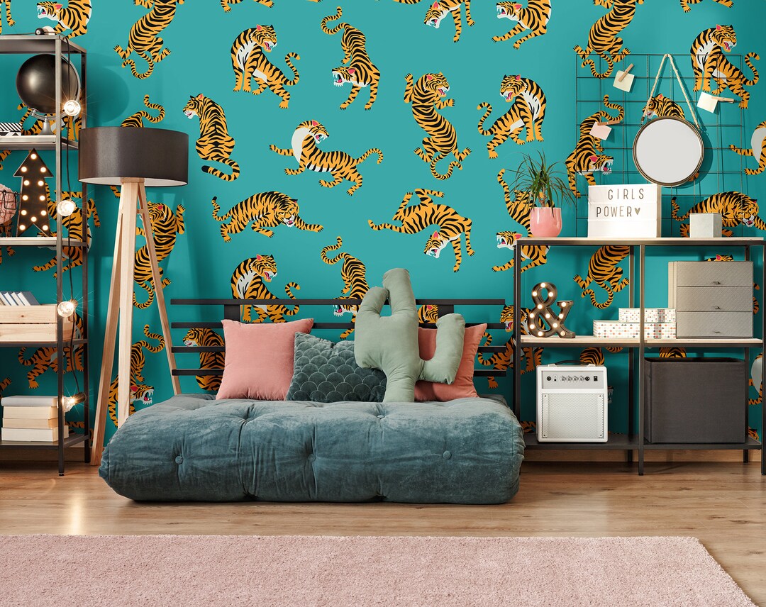 Blue Wallpaper With Tiger Pattern, Self Adhesive, Peel and Stick Wall ...