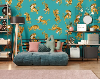 Blue wallpaper with tiger pattern, self adhesive, peel and stick wall mural