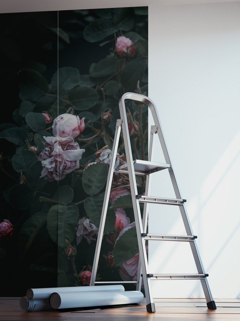 Green Vintage Wallpaper With Pink Roses Peel and Stick Etsy