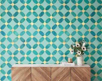 Art Deco Aquamarine Geometric Diamond Pattern Wallpaper • Peel and Stick *self adhesive* or Non-Pasted Vinyl Materials