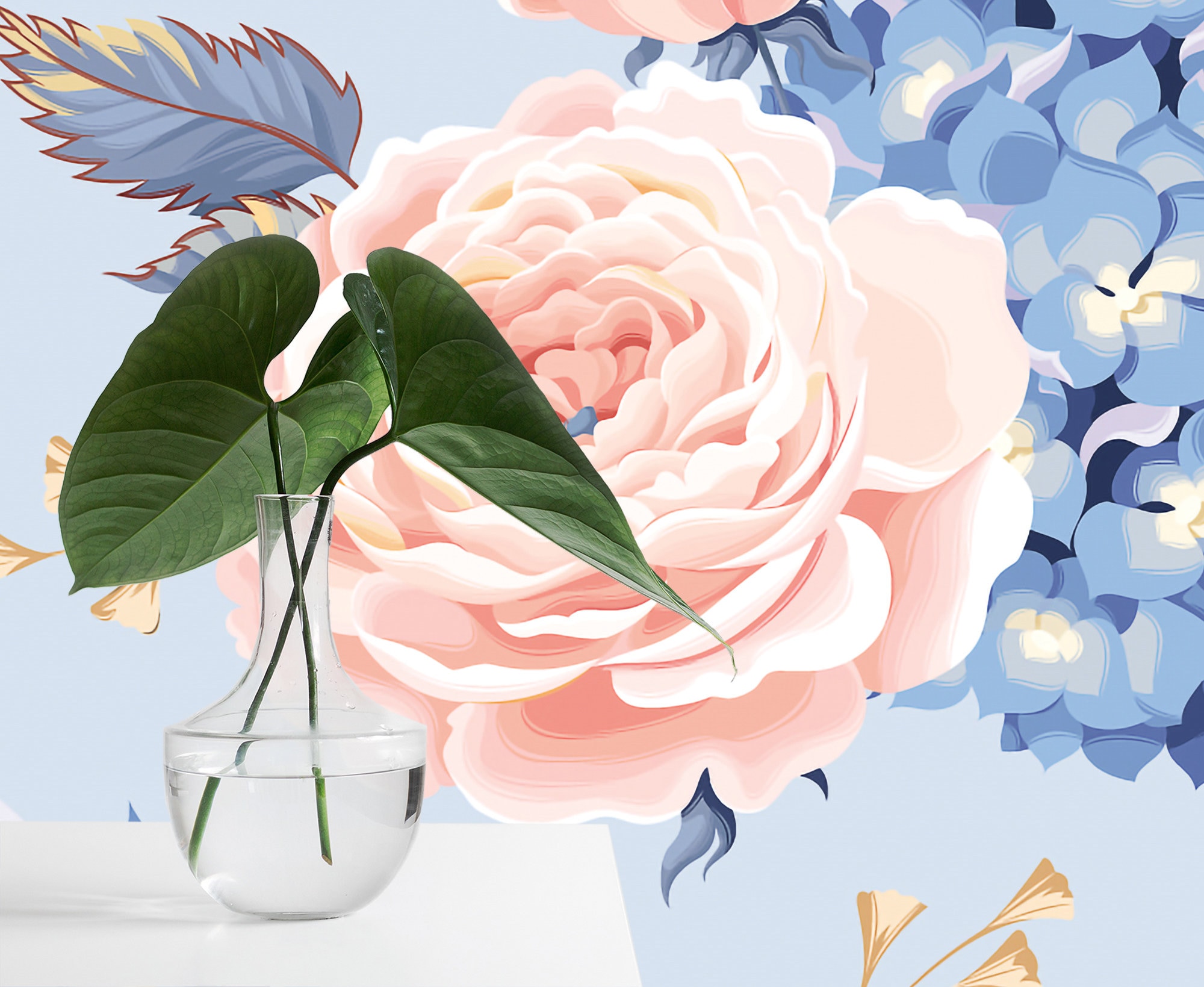Light Roses & Blue Hydrangea Flowers Wallpaper Self Adhesive - Etsy