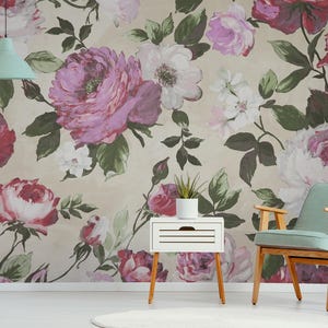 Carta da parati con fiori di rosa vintage, murale botanico retrò • Carta da parati autoadesiva staccabile e attaccabile o carta da parati tradizionale •