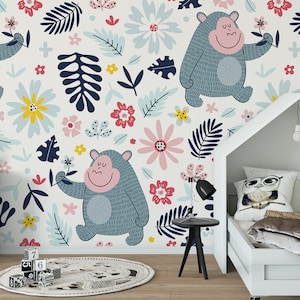 Wallpaper with big cartoon gorilla and floral pattern || For Kids, self adhesive, peel and stick wall mural