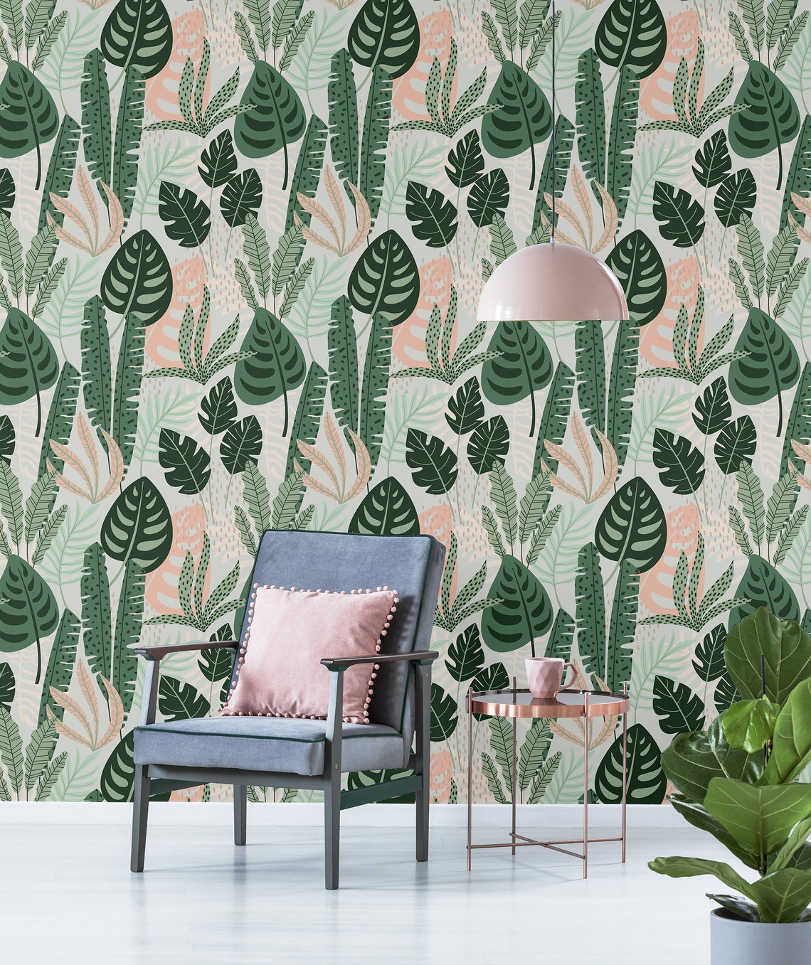 Wallpaper with green and pink leaves self adhesive peel and | Etsy