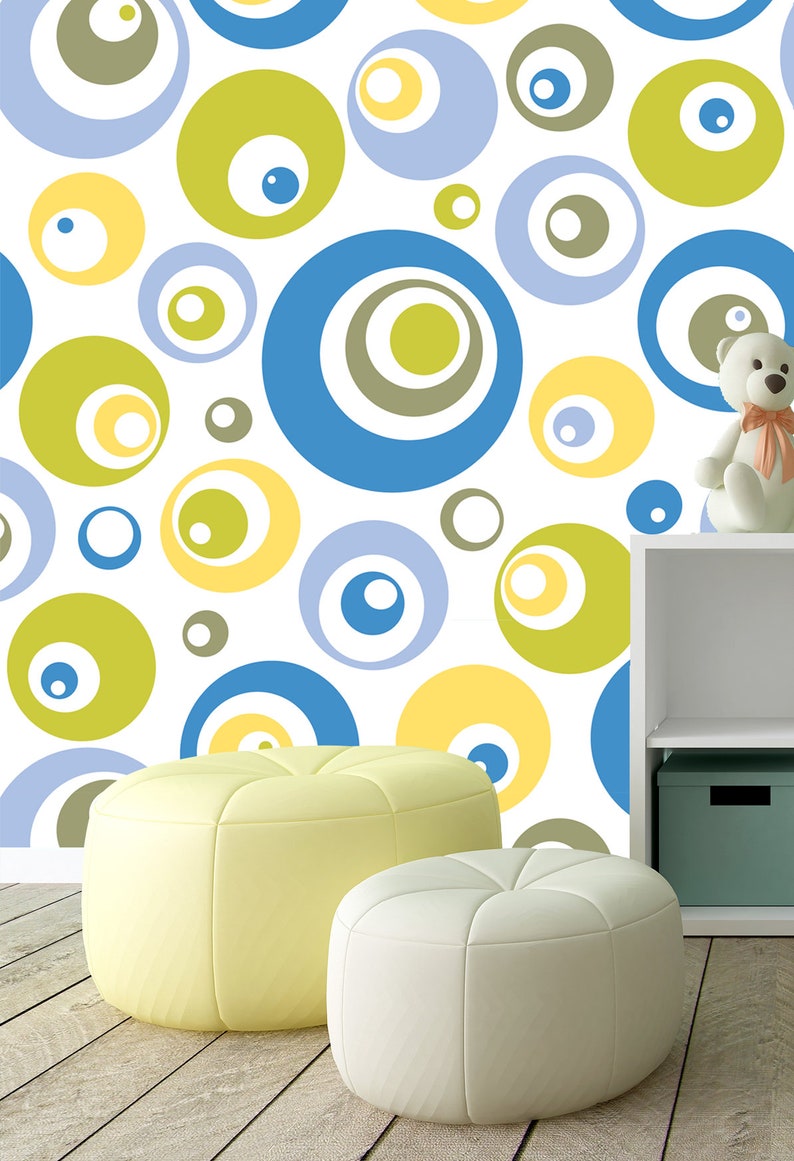 Wallpaper with green and blue circles self adhesive peel and stick wall mural For Kids