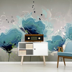 Gray abstract wallpaper with blue flowers || peel and stick floral wall mural
