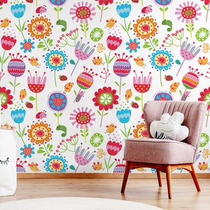 Carta da parati floreale scandinava, stampa botanica, murale per cameretta dei bambini, carta da parati per bambini, autoadesivo, murale a buccia e bastone