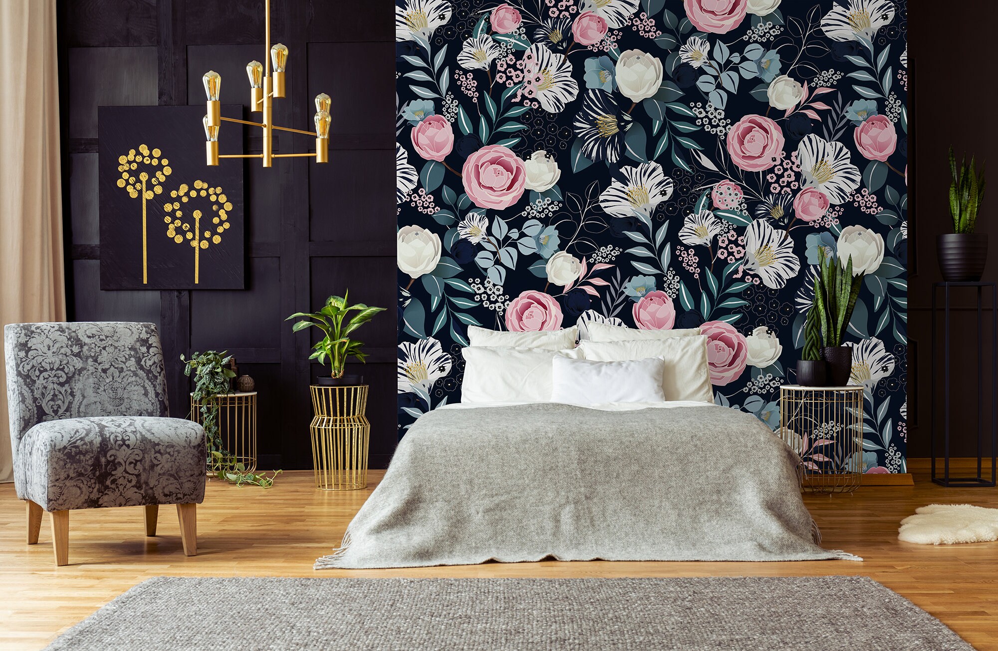 Dark Floral Wallpaper With Pink Roses, Self Adhesive, Peel and Stick ...