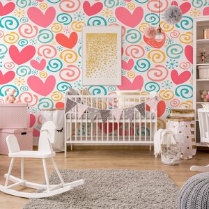 Colorful swirls and hearts wallpaper || For Kids, self adhesive, peel and stick wall mural