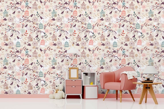 Light Pink Wallpaper With Birds Birdcages and Floral Pattern - Etsy Light Pink Wallpaper With Birds Birdcages and Floral Pattern - Etsy