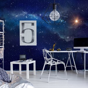 Space wallpaper with nebula and a shining star, self adhesive, peel and stick wall mural