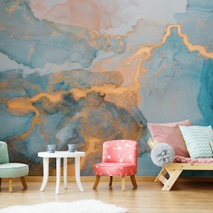 Blue and warm yellow marble art wallpaper || self adhesive, peel and stick wall mural
