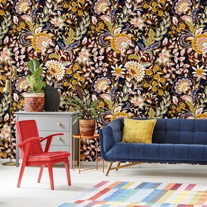 Dark Wallpaper With Yellow Oriental Floral Pattern Peel and - Etsy