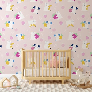 Papel tapiz rosa con dibujos de perros y gatos || Para niños, mural de pared autoadhesivo, despegable y pegado.