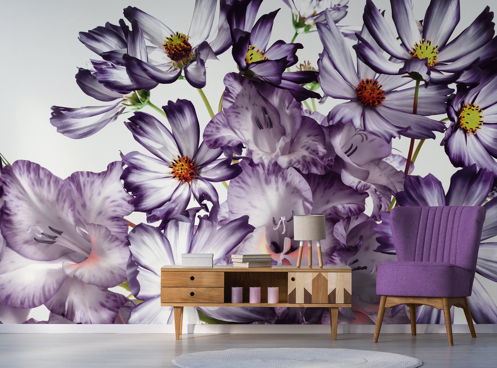 White Wallpaper With Purple Flowers Peel and Stick Floral Etsy