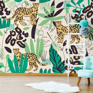Jungle wallpaper with leopard pattern || For Kids, self adhesive, peel and stick wall mural