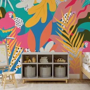 Colorful tropical wallpaper with parrots || For Kids, self adhesive, peel and stick wall mural
