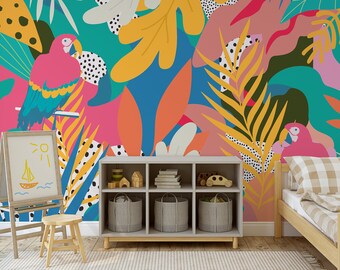 Colorful tropical wallpaper with parrots || For Kids, self adhesive, peel and stick wall mural