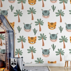 Carta da parati con tigre, zebra, cactus e una palma, carta da parati per bambini, autoadesiva, murale stacca e incolla
