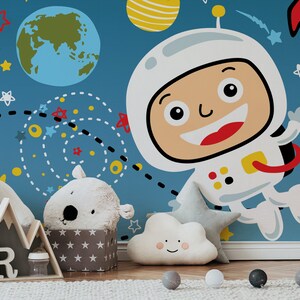 Fondo de pantalla de dibujos animados de astronauta en el espacio || Para niños, papel pintado infantil, impresión de habitación infantil, autoadhesivo, mural de pared de pelar y pegar