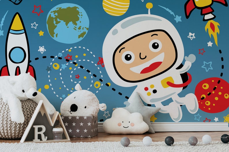 Astronaut in Space cartoon wallpaper For Kids self | Etsy